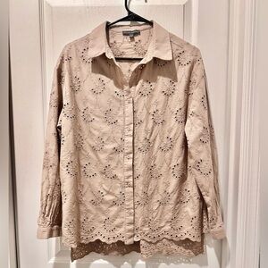 Adrianna Papell Long Sleeve Button Front Cotton Eyelet Shirt in Soft Latte